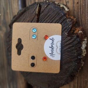 Handmade Swarovski Stud Earrings,  Black, Blue and Orange Crystals, Set of 3